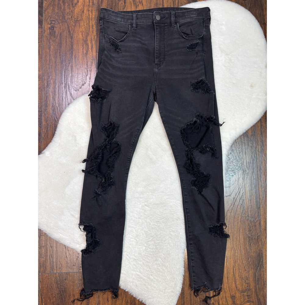 American Eagle Super Hi-Rise Jegging 12 Black Distressed Ripped Stretch Jeans